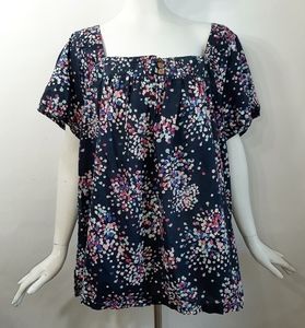 3/$18 Plus 3X Top Basic Editions Blue Pink 3 Button Squared Pleat Neckline